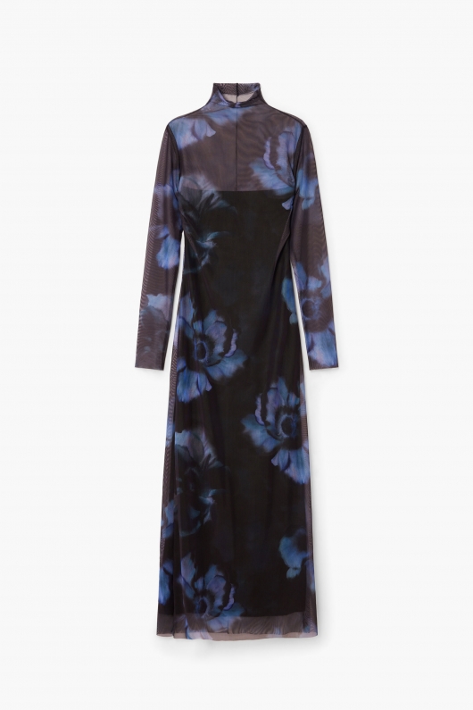 Rochie lungă neagră din tull cu imprimeu floral