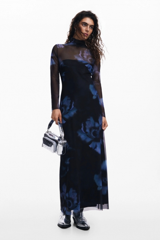 Rochie lungă neagră din tull cu imprimeu floral