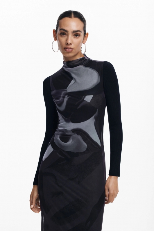 Rochie neagră midi mulată din tricot cu plasă