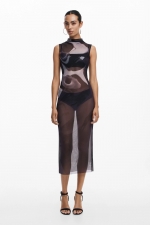 Rochie neagră midi mulată din tricot cu plasă