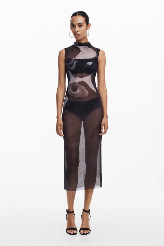 Rochie neagră midi mulată din tricot cu plasă