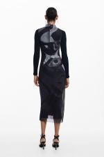 Rochie neagră midi mulată din tricot cu plasă
