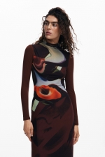 Rochie maro midi tricot cu plasă și imprimeu