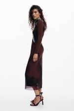 Rochie maro midi tricot cu plasă și imprimeu