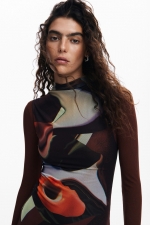 Rochie maro midi tricot cu plasă și imprimeu