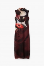 Rochie maro midi tricot cu plasă și imprimeu