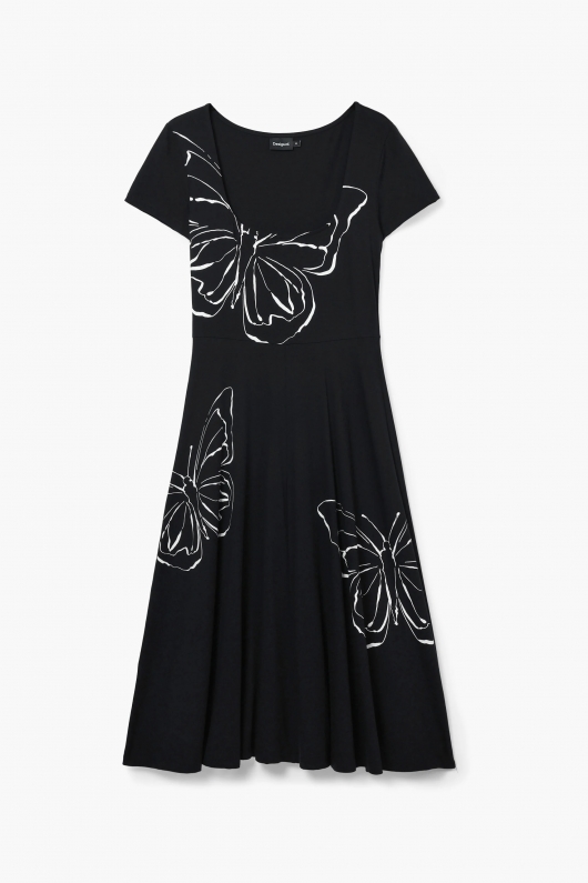 Rochie neagră casual cu imprimeu fluturi