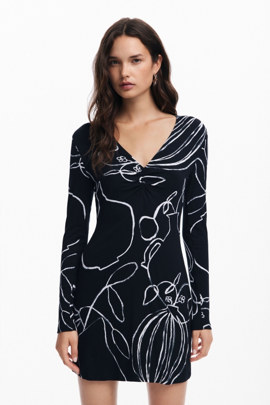 Rochie mini neagră mulată cu imprimeu multicolor