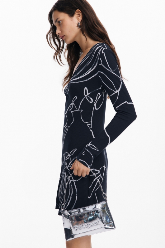 Rochie mini neagră mulată cu imprimeu multicolor