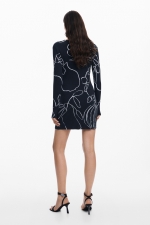 Rochie mini neagră mulată cu imprimeu multicolor