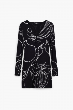 Rochie mini neagră mulată cu imprimeu multicolor