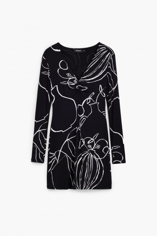 Rochie mini neagră mulată cu imprimeu multicolor