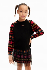 Pulover negru casual cu mâneci imprimate geometric