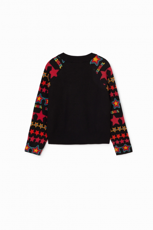 Pulover negru casual cu mâneci imprimate geometric