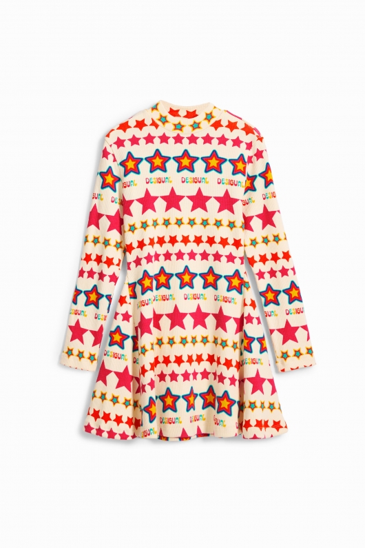Rochie neagră cu stele multicolore și guler înalt