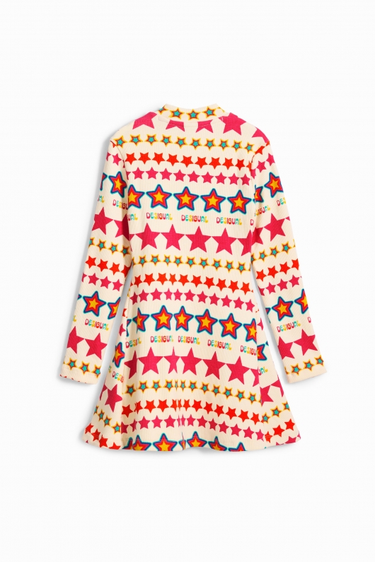 Rochie neagră cu stele multicolore și guler înalt