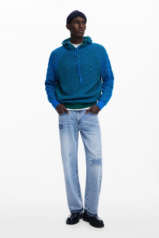 Pantaloni denim albastru cu talie dublă și ruptură