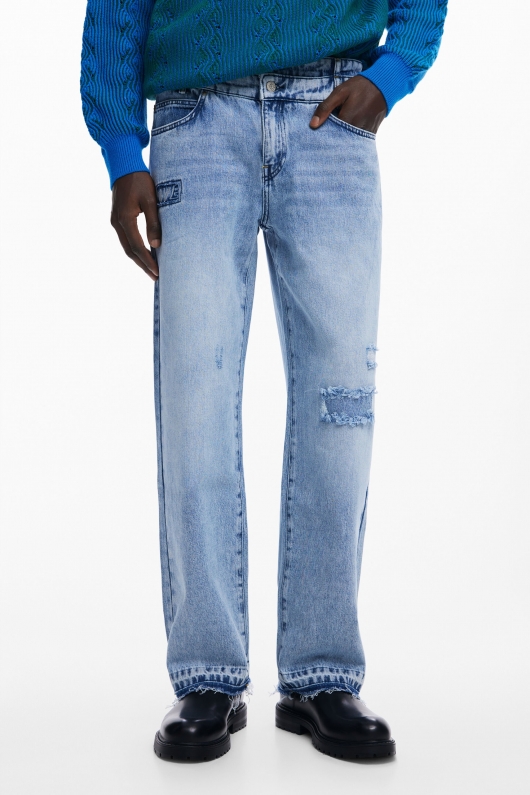 Pantaloni denim albastru cu talie dublă și ruptură