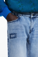 Pantaloni denim albastru cu talie dublă și ruptură