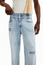 Pantaloni denim albastru cu talie dublă și ruptură