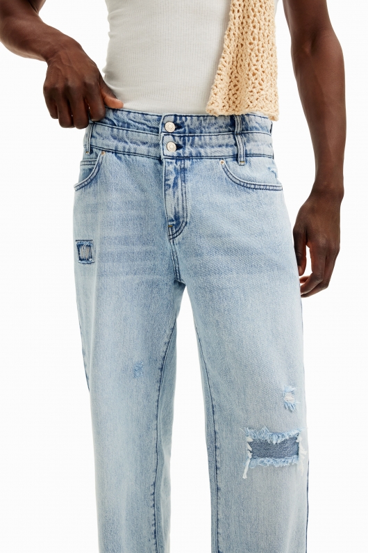 Pantaloni denim albastru cu talie dublă și ruptură