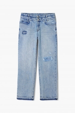 Pantaloni denim albastru cu talie dublă și ruptură