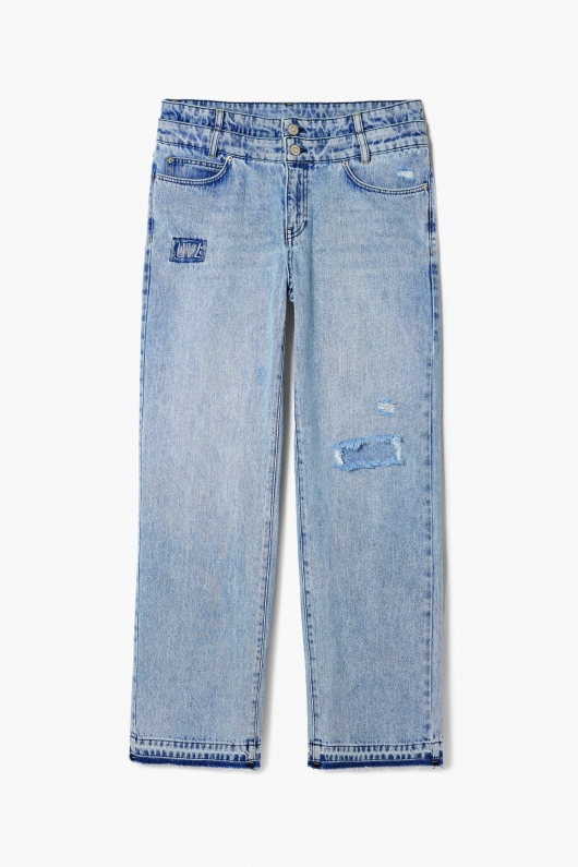 Pantaloni denim albastru cu talie dublă și ruptură