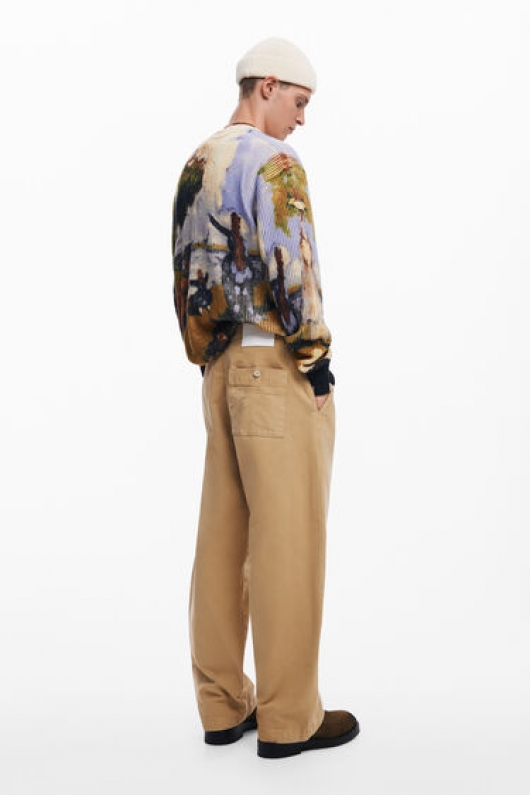 Pantaloni bej casual cu talie elastică și buzunare