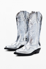 Cizme cowboy argintii cu toc și broderie