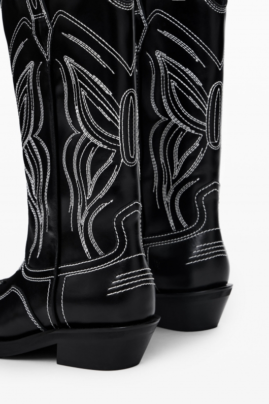Cizme negre cowboy cu toc și broderie