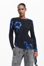 Bluză neagră slim cu imprimeu floral asimetric