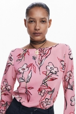 Bluză roz cu imprimeu floral și mâneci largi
