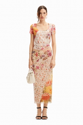 Bluză mulată din tulle cu print floral multicolor