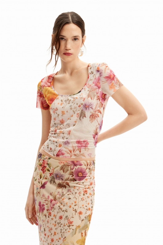 Bluză mulată din tulle cu print floral multicolor