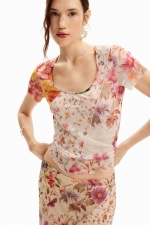 Bluză mulată din tulle cu print floral multicolor