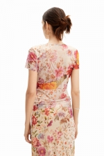 Bluză mulată din tulle cu print floral multicolor