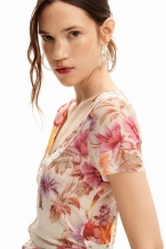 Bluză mulată din tulle cu print floral multicolor