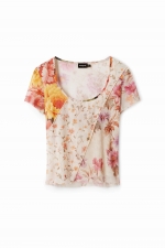 Bluză mulată din tulle cu print floral multicolor