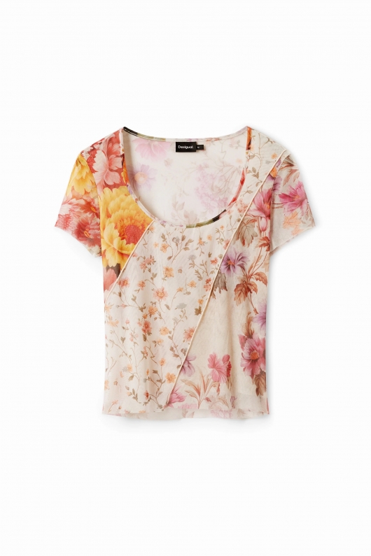 Bluză mulată din tulle cu print floral multicolor