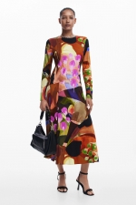 Rochie midi elegantă cu print multicolor plisată