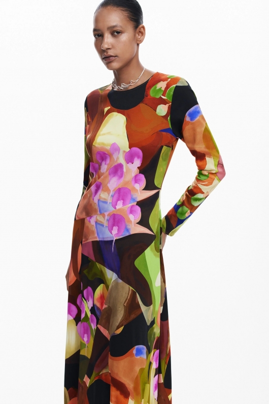 Rochie midi elegantă cu print multicolor plisată