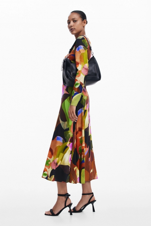 Rochie midi elegantă cu print multicolor plisată