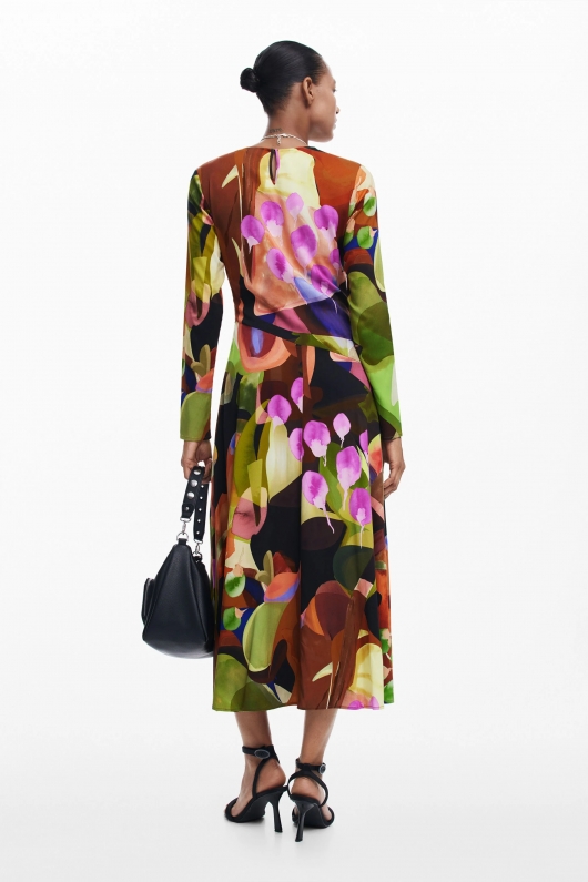 Rochie midi elegantă cu print multicolor plisată