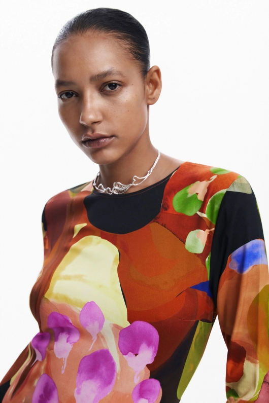 Rochie midi elegantă cu print multicolor plisată