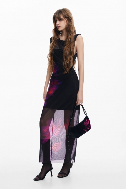 Rochie neagră lungă din tulle cu print floral