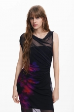 Rochie neagră lungă din tulle cu print floral