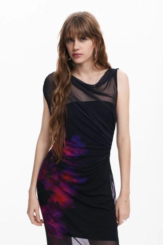 Rochie neagră lungă din tulle cu print floral
