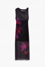 Rochie neagră lungă din tulle cu print floral