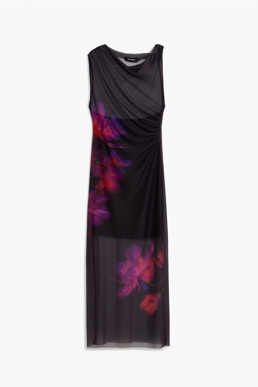 Rochie neagră lungă din tulle cu print floral