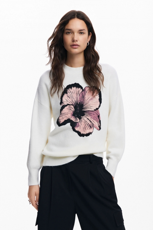 Pulover crem casual cu imprimeu floral